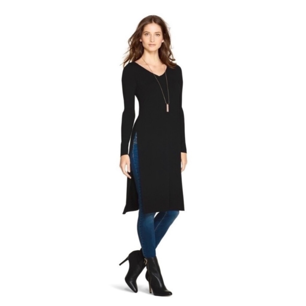 White House Black Market Black V-Neck Long T-Shirt With Side Slits Medium